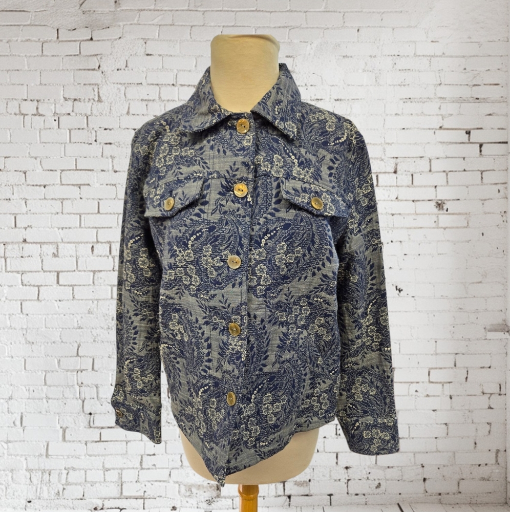 J Bee Floral Paisley Print Women's Jean Jacket Blue Gray Shell Look Buttons